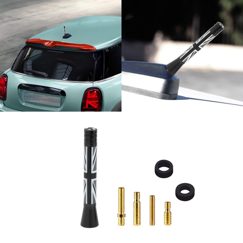 x xotic tech Car Short Antenna Union Jack Flag Theme Compatible with Mini Cooper All Models 3"(Black/Grey) - Image 1